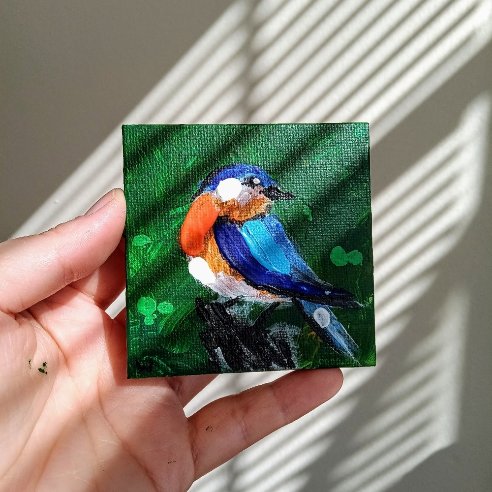 Hand Painted Bird Mini Canvas – 3x3” Green Background | Original Nature Art